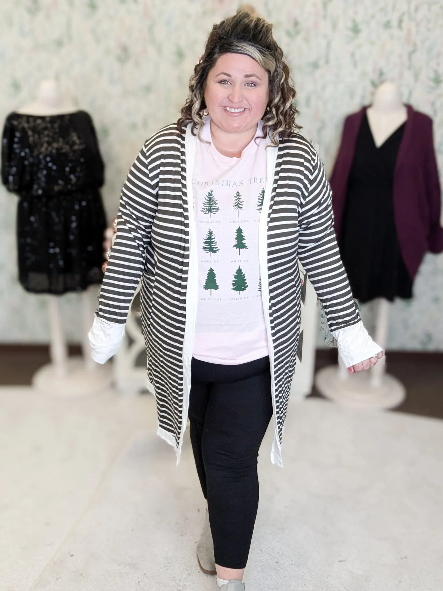 Erika Striped Open Cardigan in Dark Olive   Ivory
