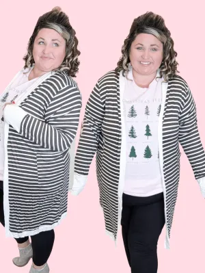 Erika Striped Open Cardigan in Dark Olive   Ivory