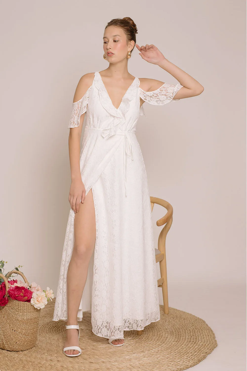 ESPERANZA V Ruffle Front Maxi Dress with Wrap Skirt and Off Shoulder (White Lace)