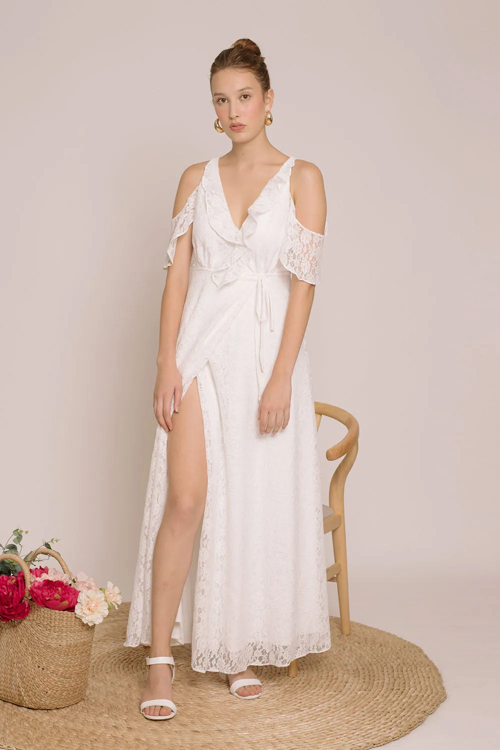 ESPERANZA V Ruffle Front Maxi Dress with Wrap Skirt and Off Shoulder (White Lace)