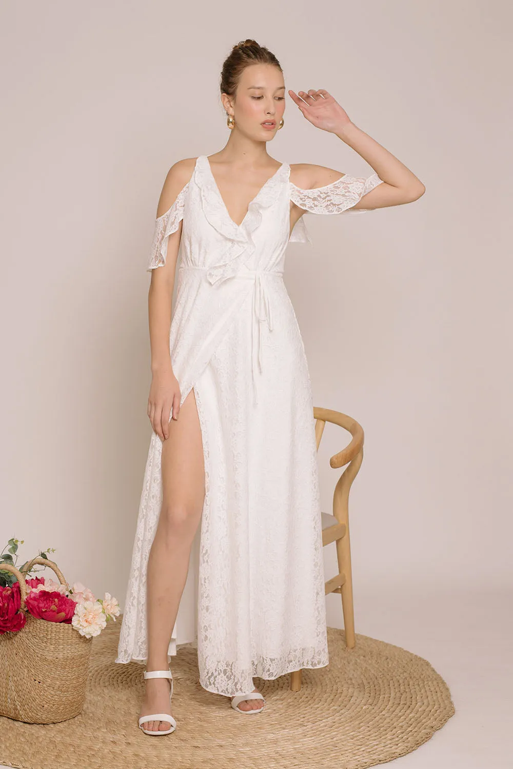 ESPERANZA V Ruffle Front Maxi Dress with Wrap Skirt and Off Shoulder (White Lace)
