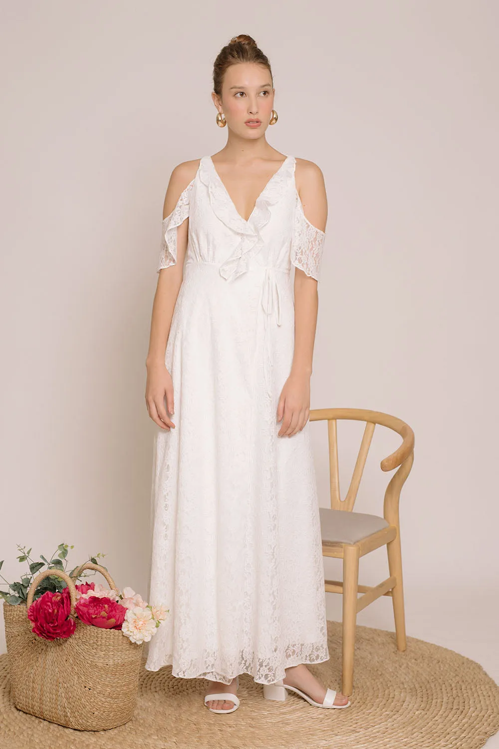 ESPERANZA V Ruffle Front Maxi Dress with Wrap Skirt and Off Shoulder (White Lace)