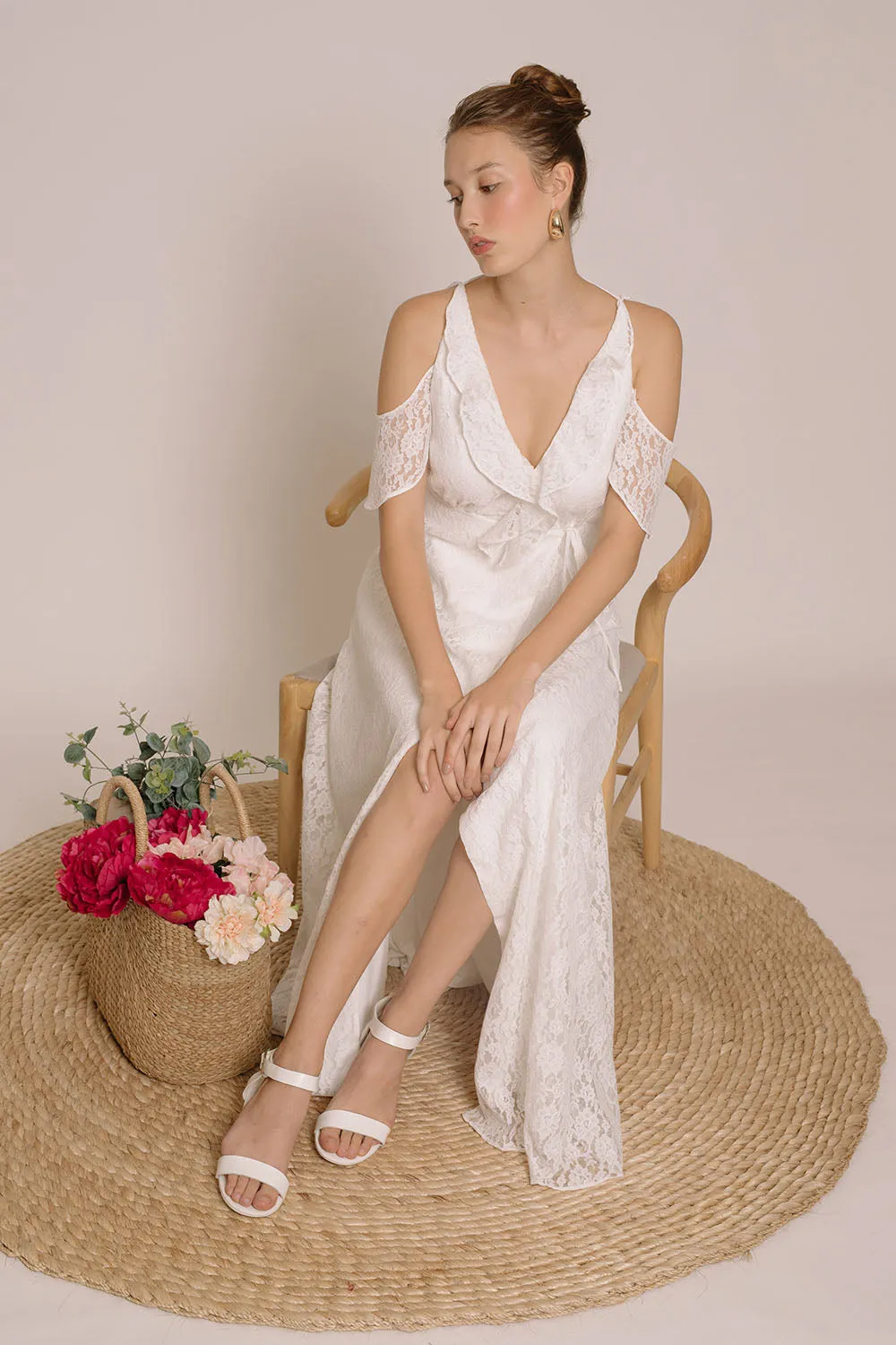ESPERANZA V Ruffle Front Maxi Dress with Wrap Skirt and Off Shoulder (White Lace)