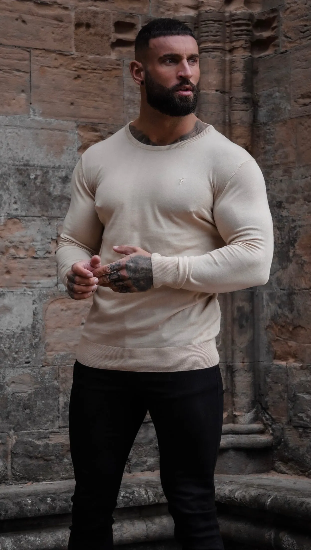 Father Sons Classic Beige Crew Neck Knitted Jumper with Tonal Emblem - FSH672