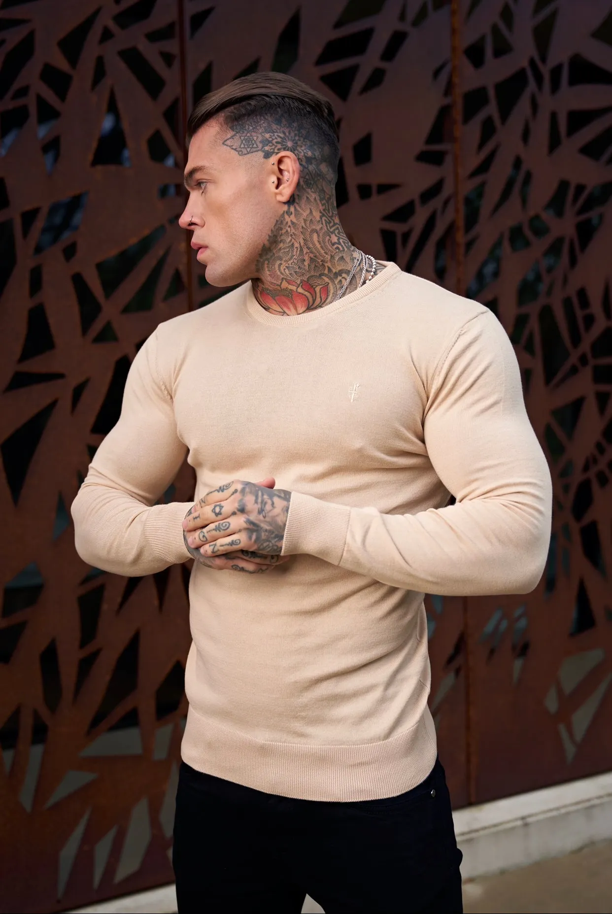Father Sons Classic Beige Crew Neck Knitted Jumper with Tonal Emblem - FSH672