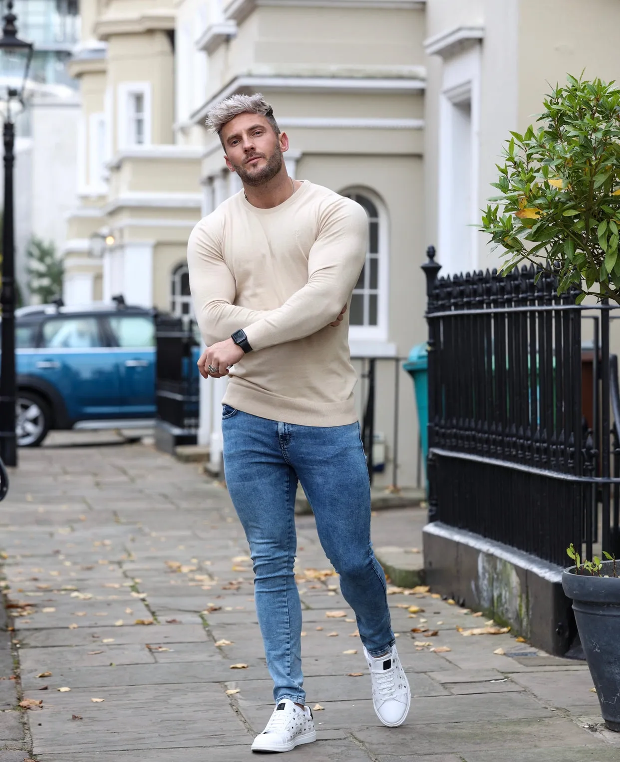 Father Sons Classic Beige Crew Neck Knitted Jumper with Tonal Emblem - FSH672