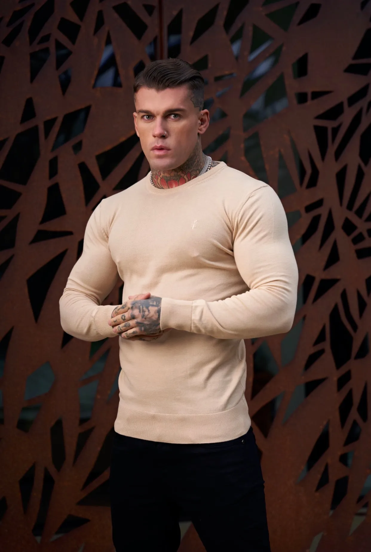 Father Sons Classic Beige Crew Neck Knitted Jumper with Tonal Emblem - FSH672