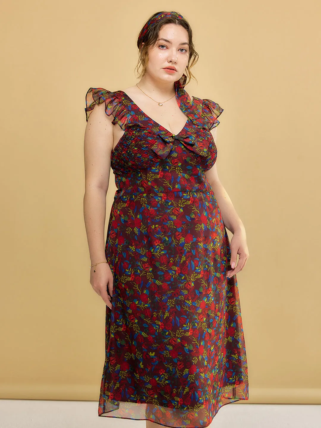 【Final Sale】Plus Size Kora Floral Printed Lace Sleeves Midi Dress