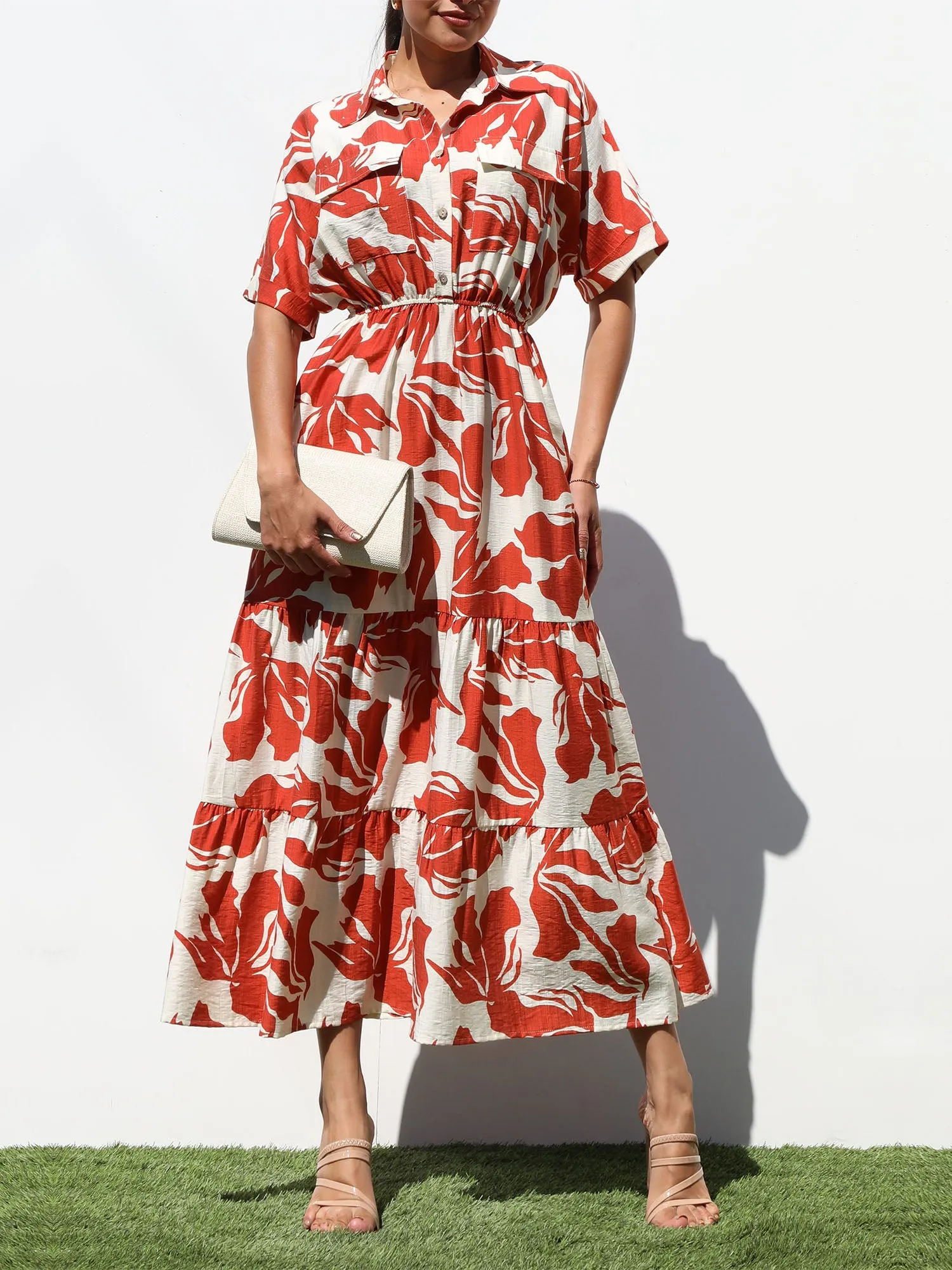 Floral Foliage Button Down Shirt Midi Dress