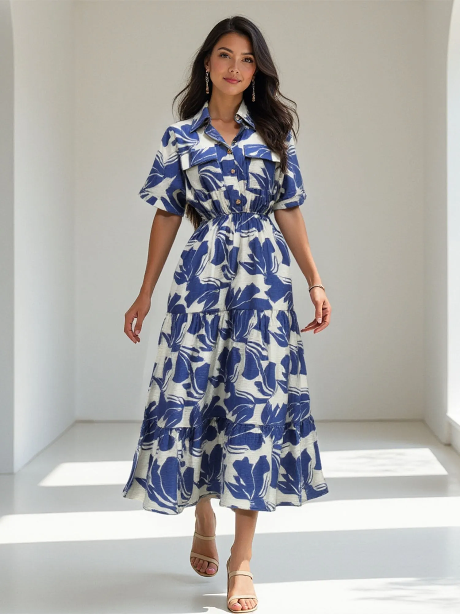 Floral Foliage Button Down Shirt Midi Dress