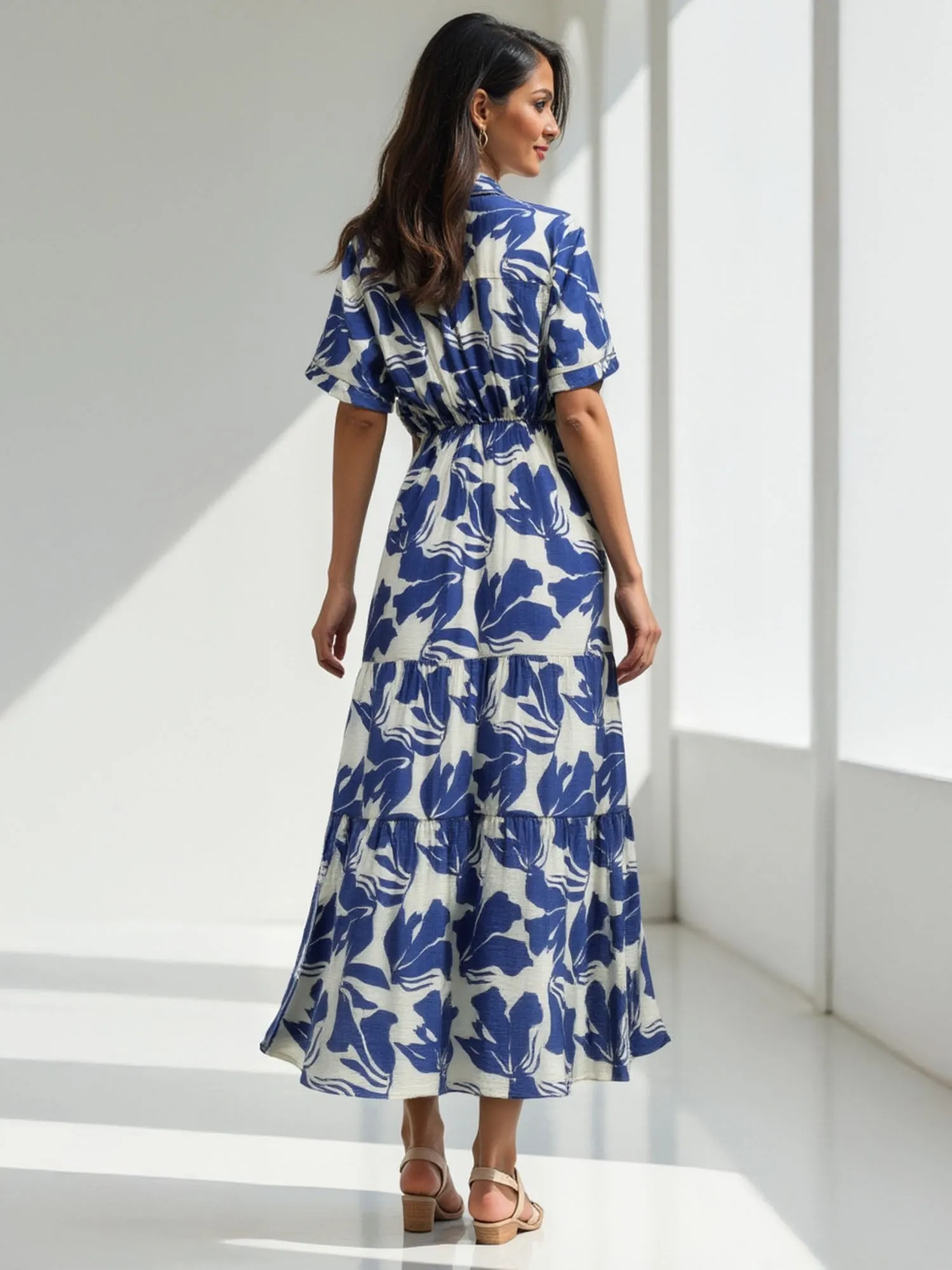 Floral Foliage Button Down Shirt Midi Dress