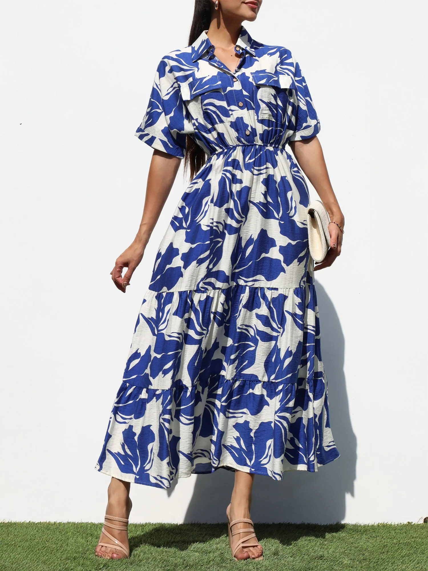 Floral Foliage Button Down Shirt Midi Dress