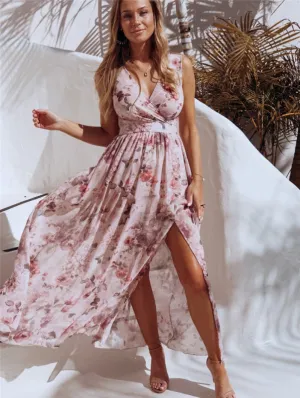 Floral Print Maxi Dress with High Slit and Sleeveless Design