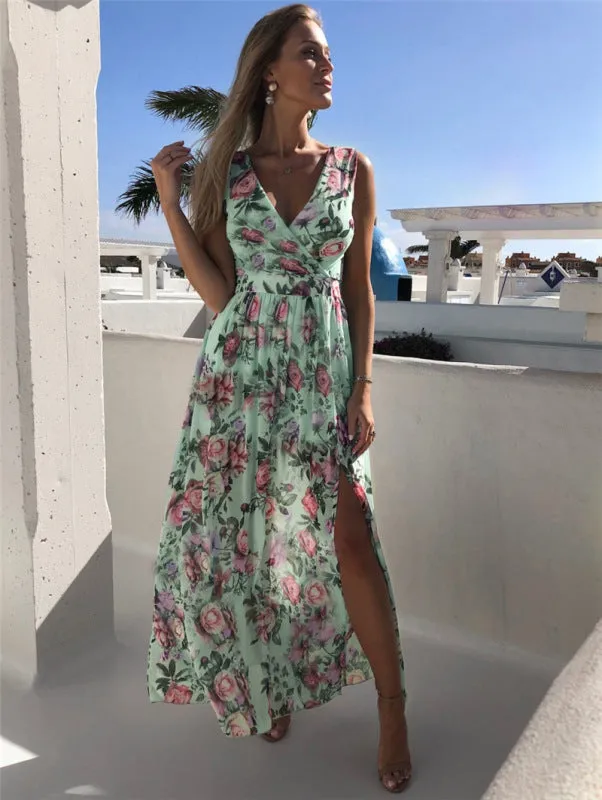 Floral Print Maxi Dress with High Slit and Sleeveless Design