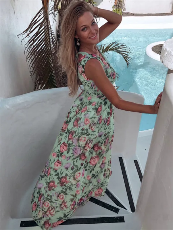 Floral Print Maxi Dress with High Slit and Sleeveless Design