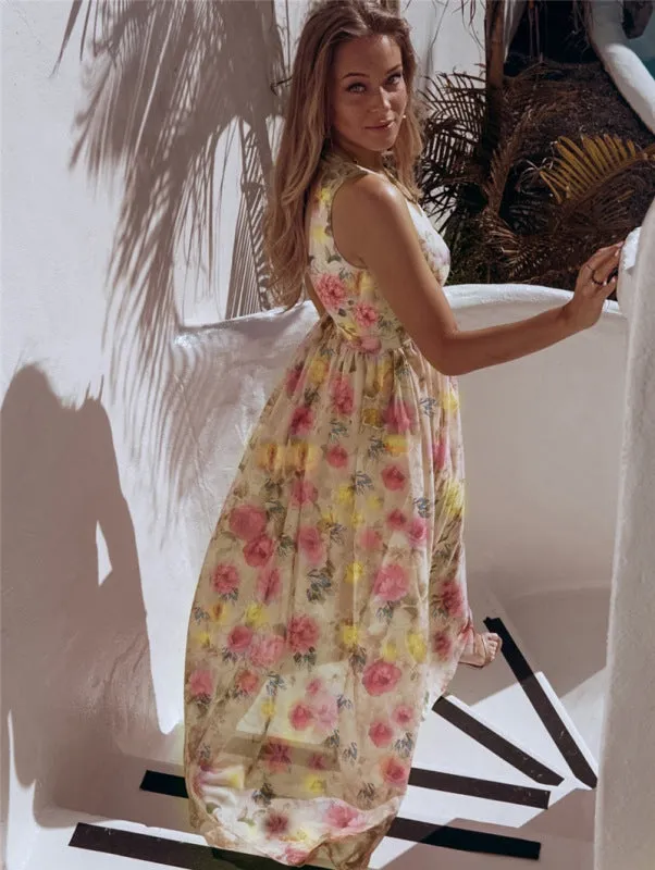 Floral Print Maxi Dress with High Slit and Sleeveless Design