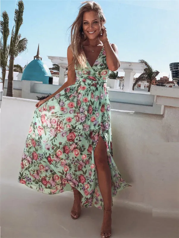 Floral Print Maxi Dress with High Slit and Sleeveless Design