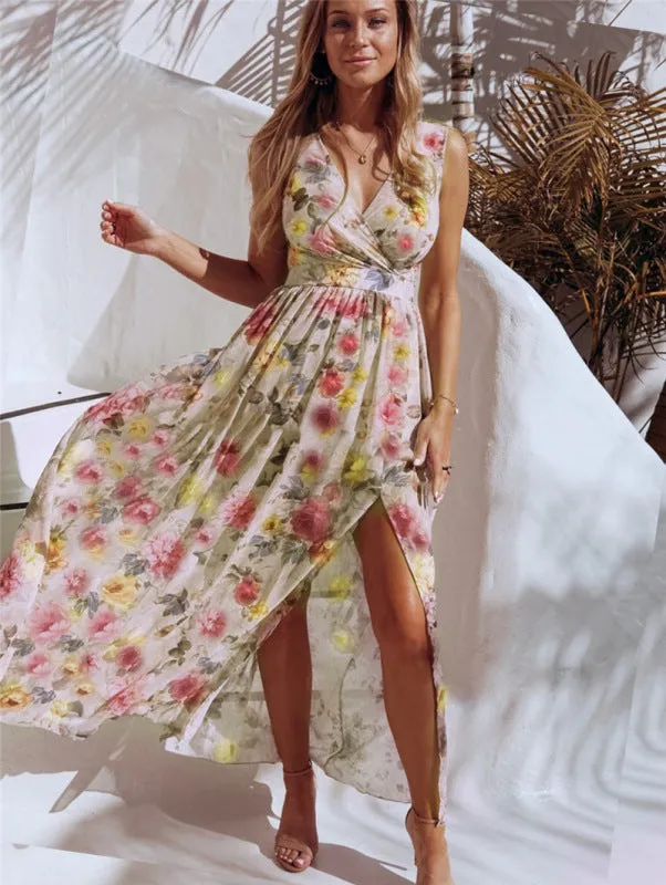 Floral Print Maxi Dress with High Slit and Sleeveless Design