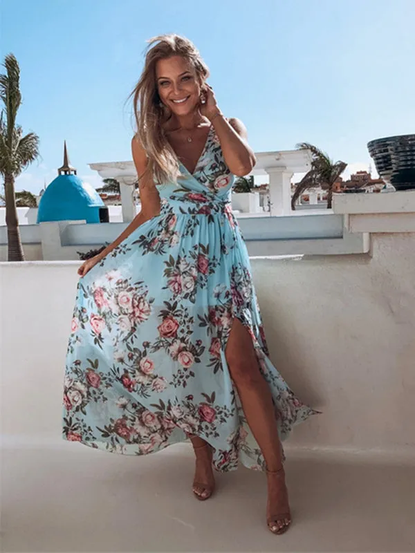 Floral Print Maxi Dress with High Slit and Sleeveless Design