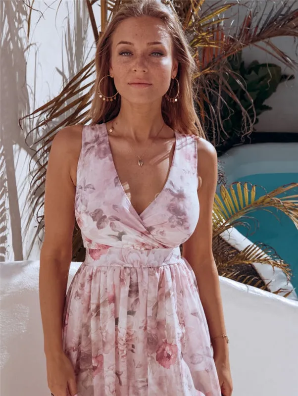 Floral Print Maxi Dress with High Slit and Sleeveless Design