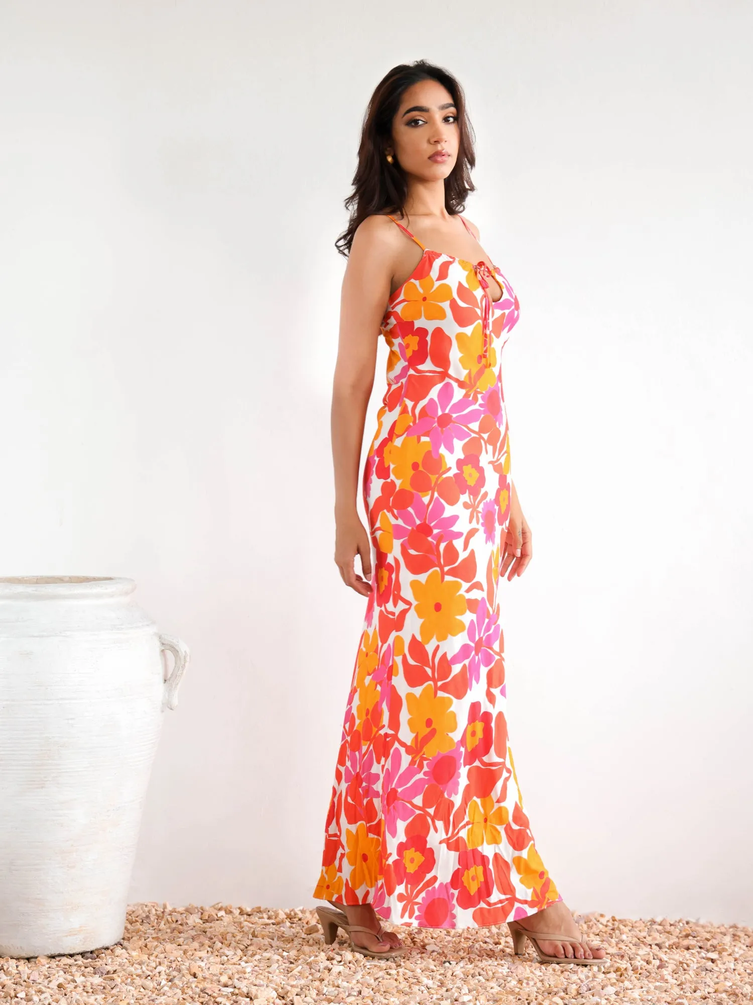 Front Tie Up Printed Bias Maxi Dress