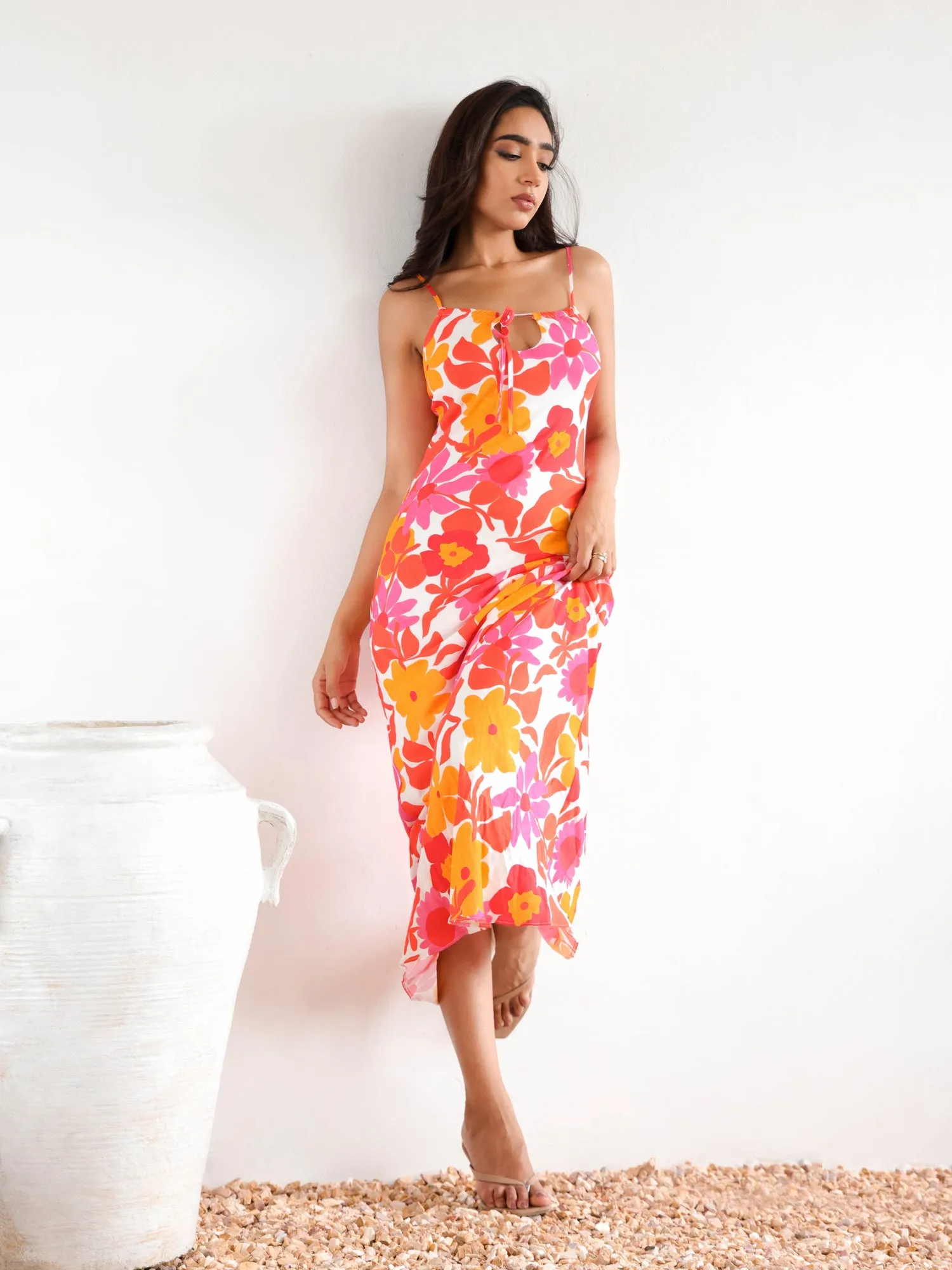 Front Tie Up Printed Bias Maxi Dress