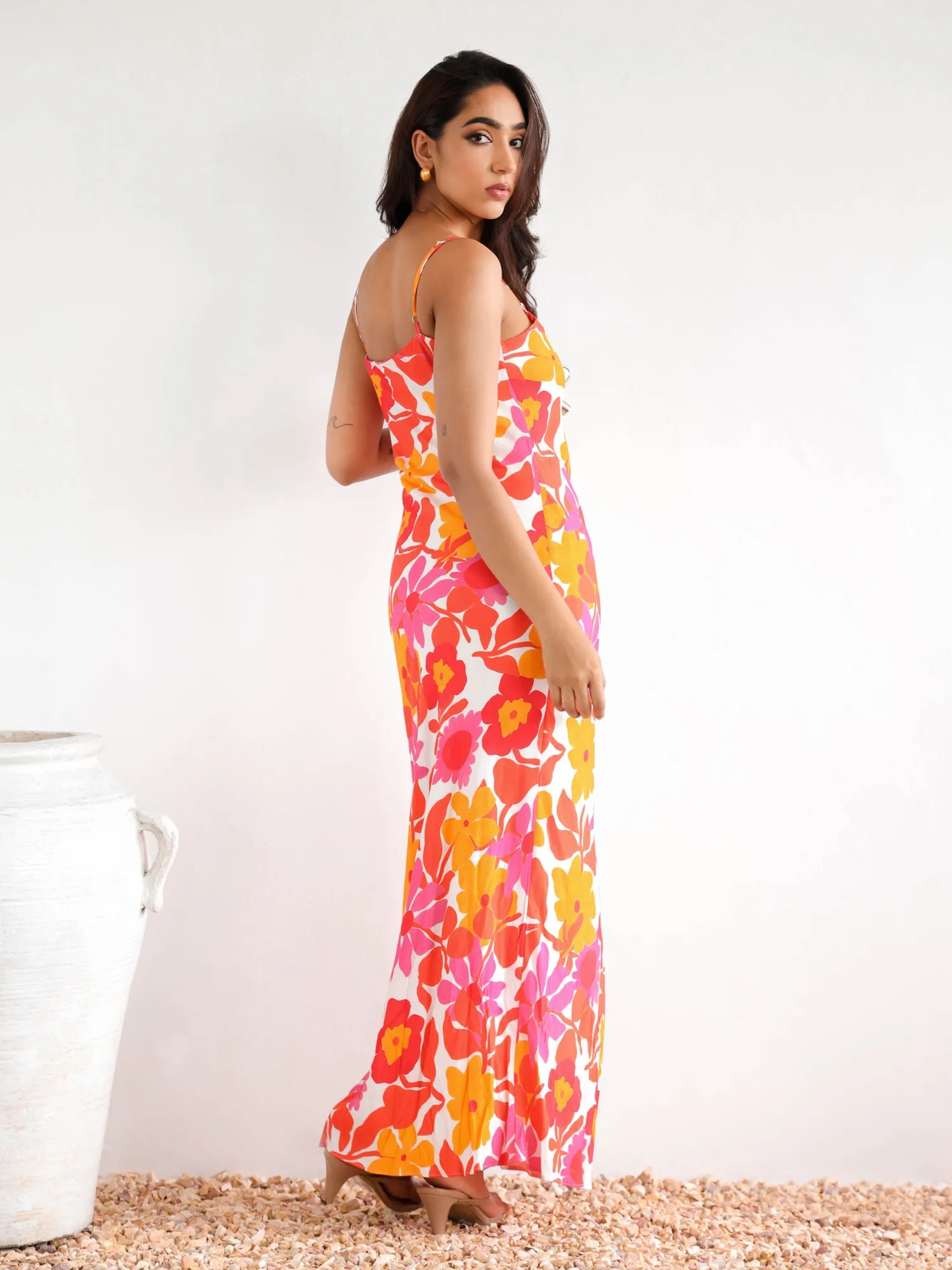 Front Tie Up Printed Bias Maxi Dress