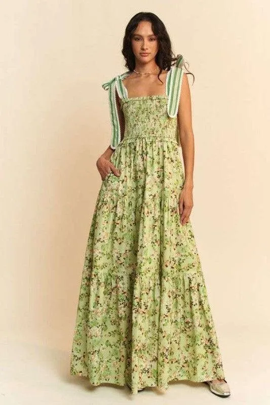 GARDEN FLORAL PRINTED LACE MAXI TIERED DRESS