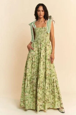 GARDEN FLORAL PRINTED LACE MAXI TIERED DRESS