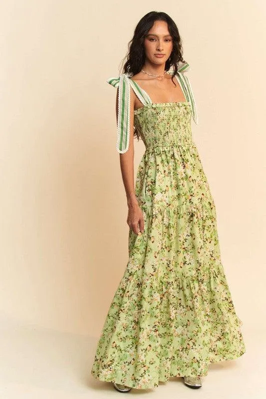 GARDEN FLORAL PRINTED LACE MAXI TIERED DRESS