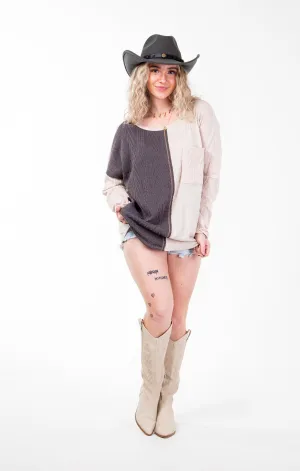 GINGER COLOR BLOCK LONG SLEEVE SWEATER TOP
