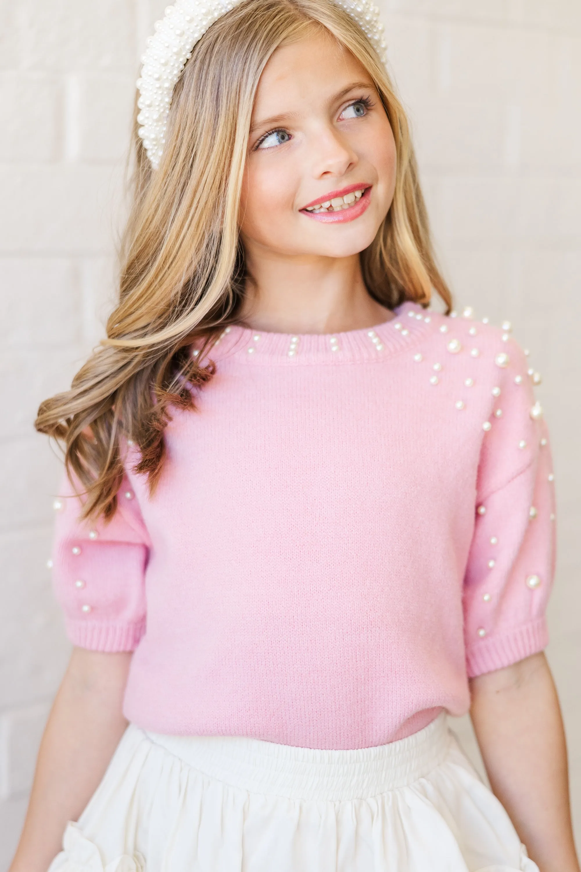 Girls: Long Story Pink Embellished Sweater
