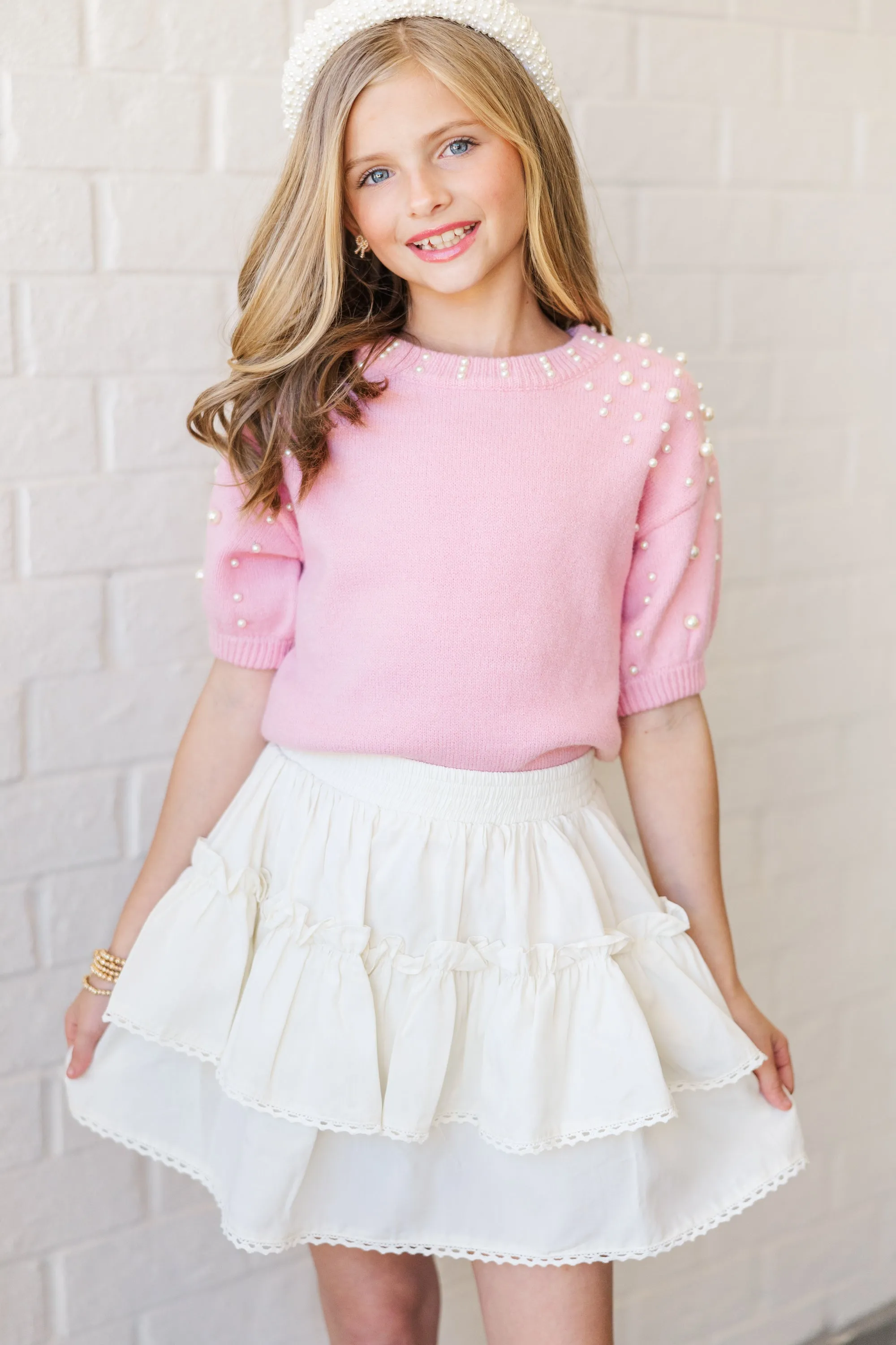 Girls: Long Story Pink Embellished Sweater