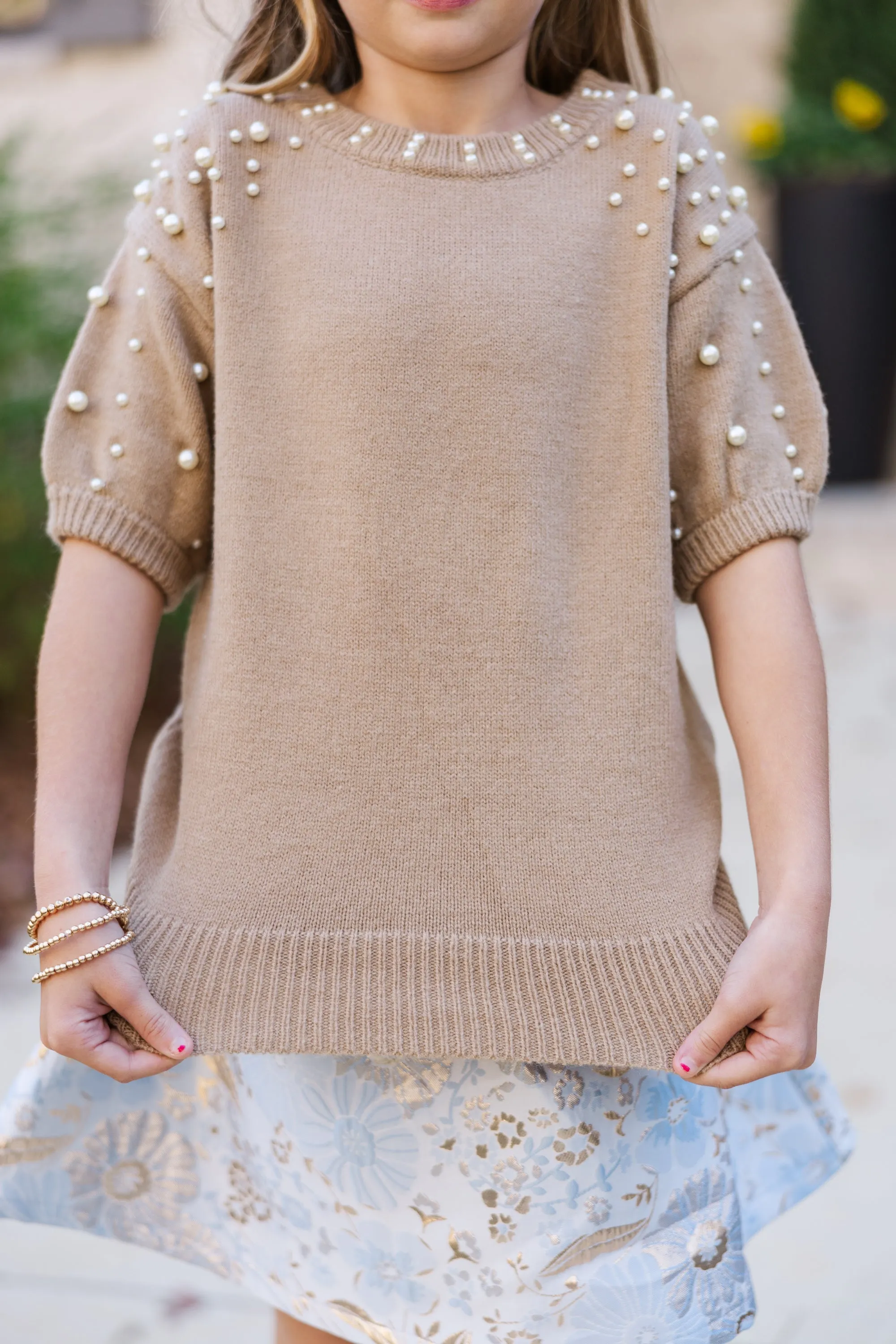 Girls: Long Story Taupe Embellished Sweater