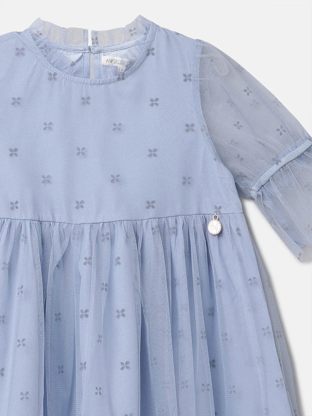 Girls Solid Blue Printed Swing Dress