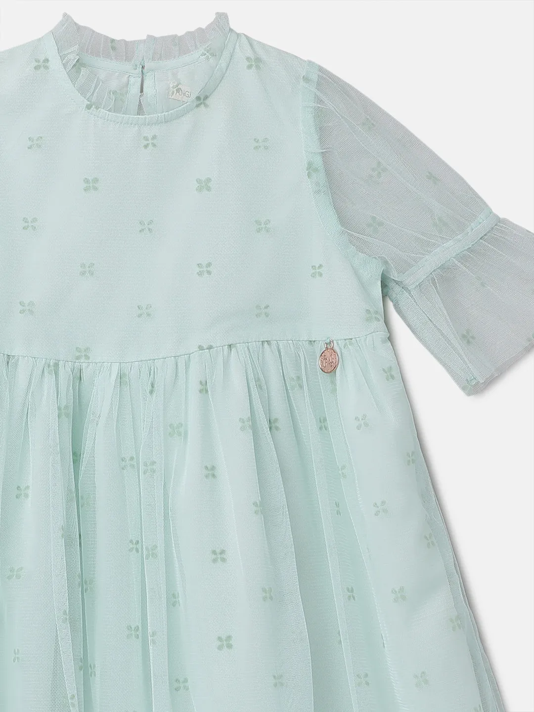 Girls Solid Green Printed Swing Dress