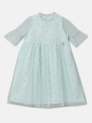 Girls Solid Green Printed Swing Dress