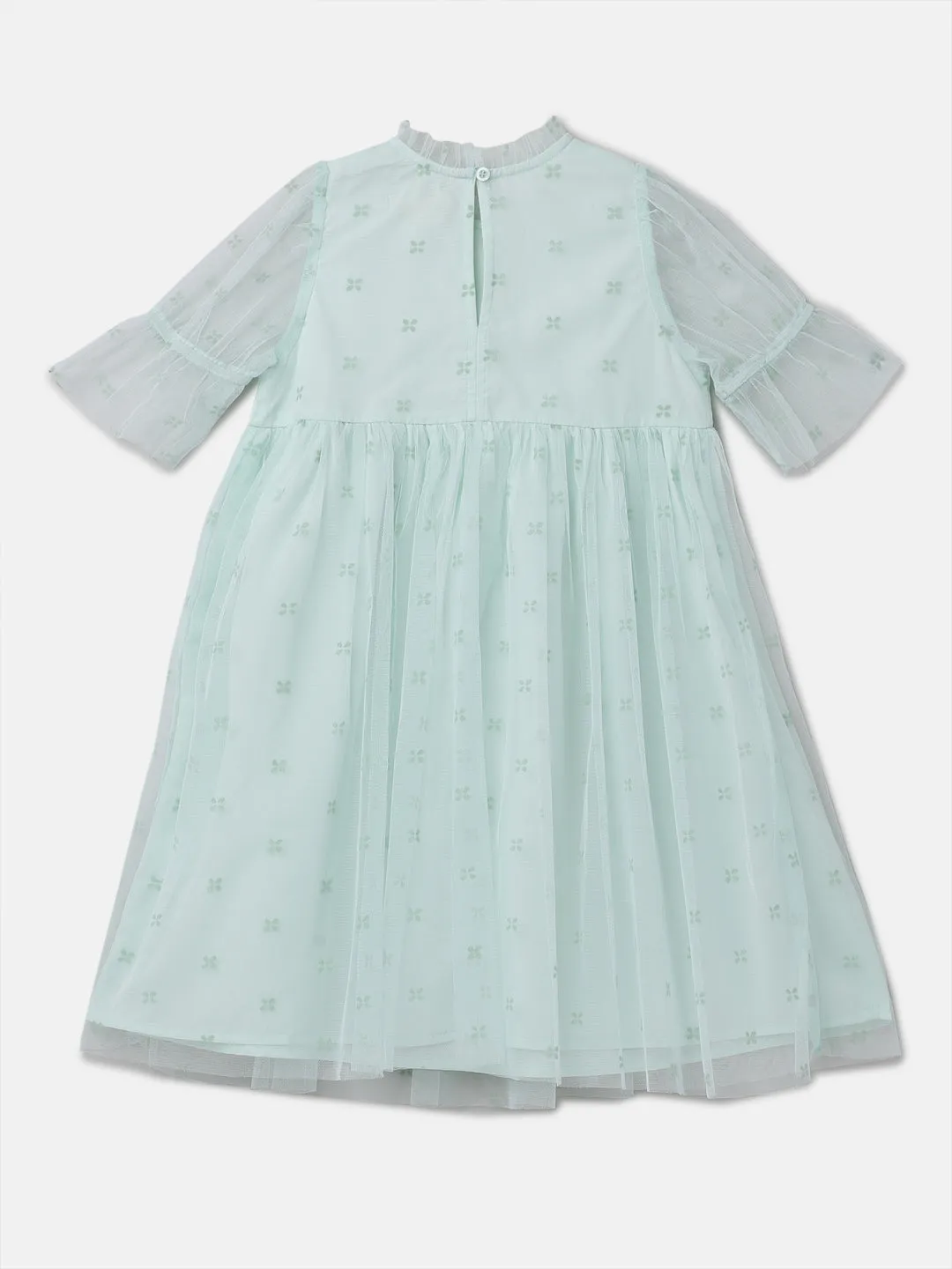 Girls Solid Green Printed Swing Dress