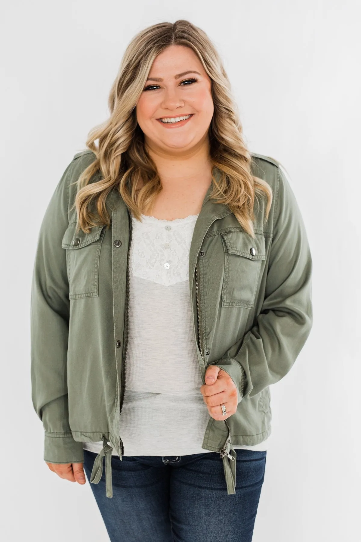 Going Places Lightweight Drawstring Jacket- Olive