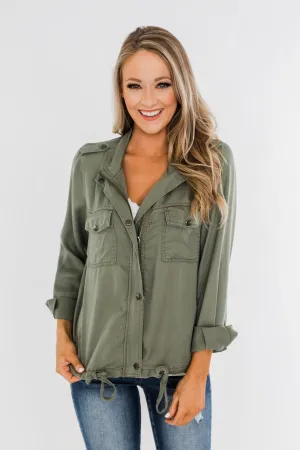 Going Places Lightweight Drawstring Jacket- Olive