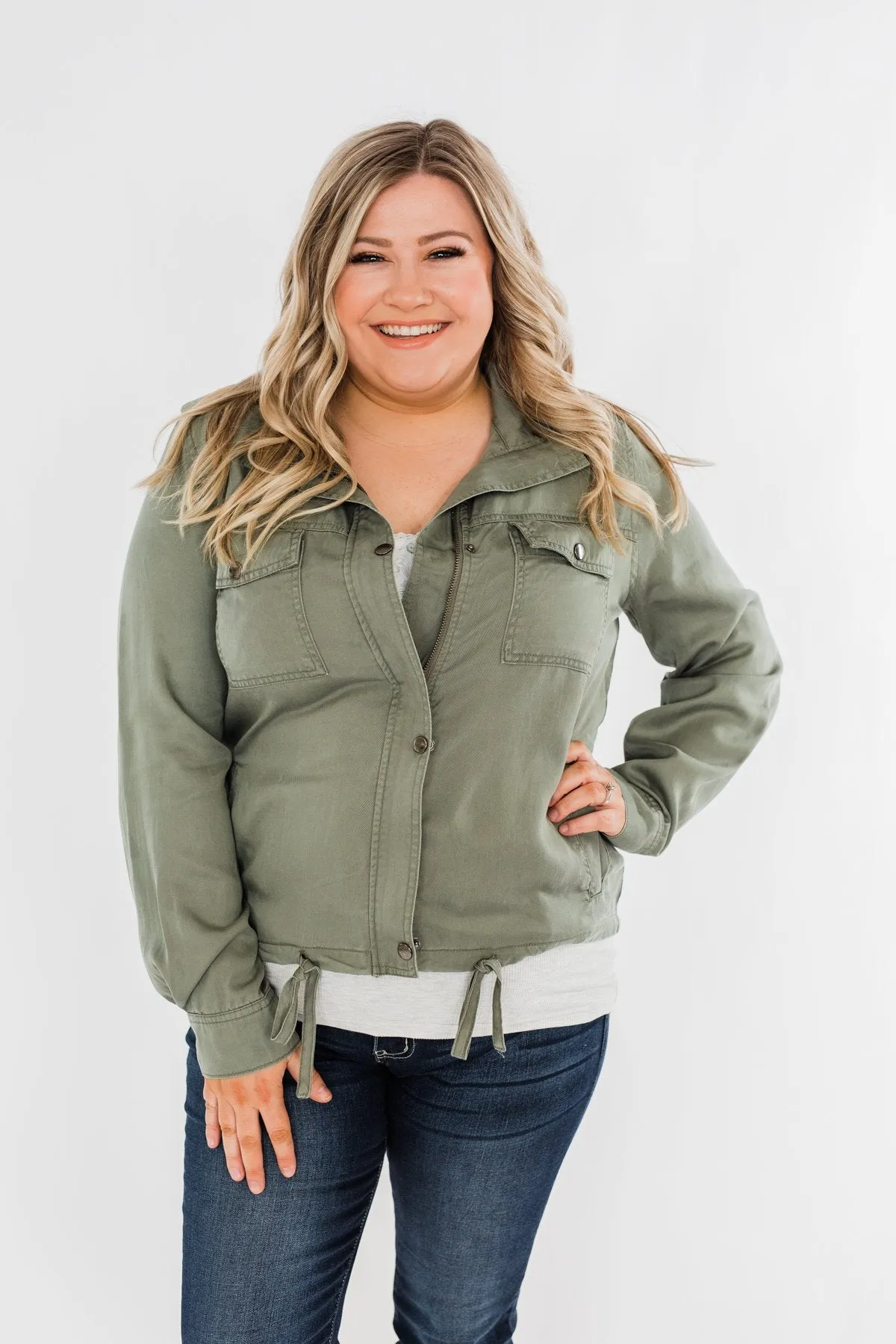 Going Places Lightweight Drawstring Jacket- Olive