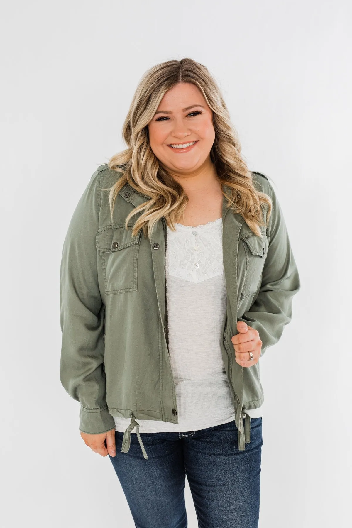 Going Places Lightweight Drawstring Jacket- Olive
