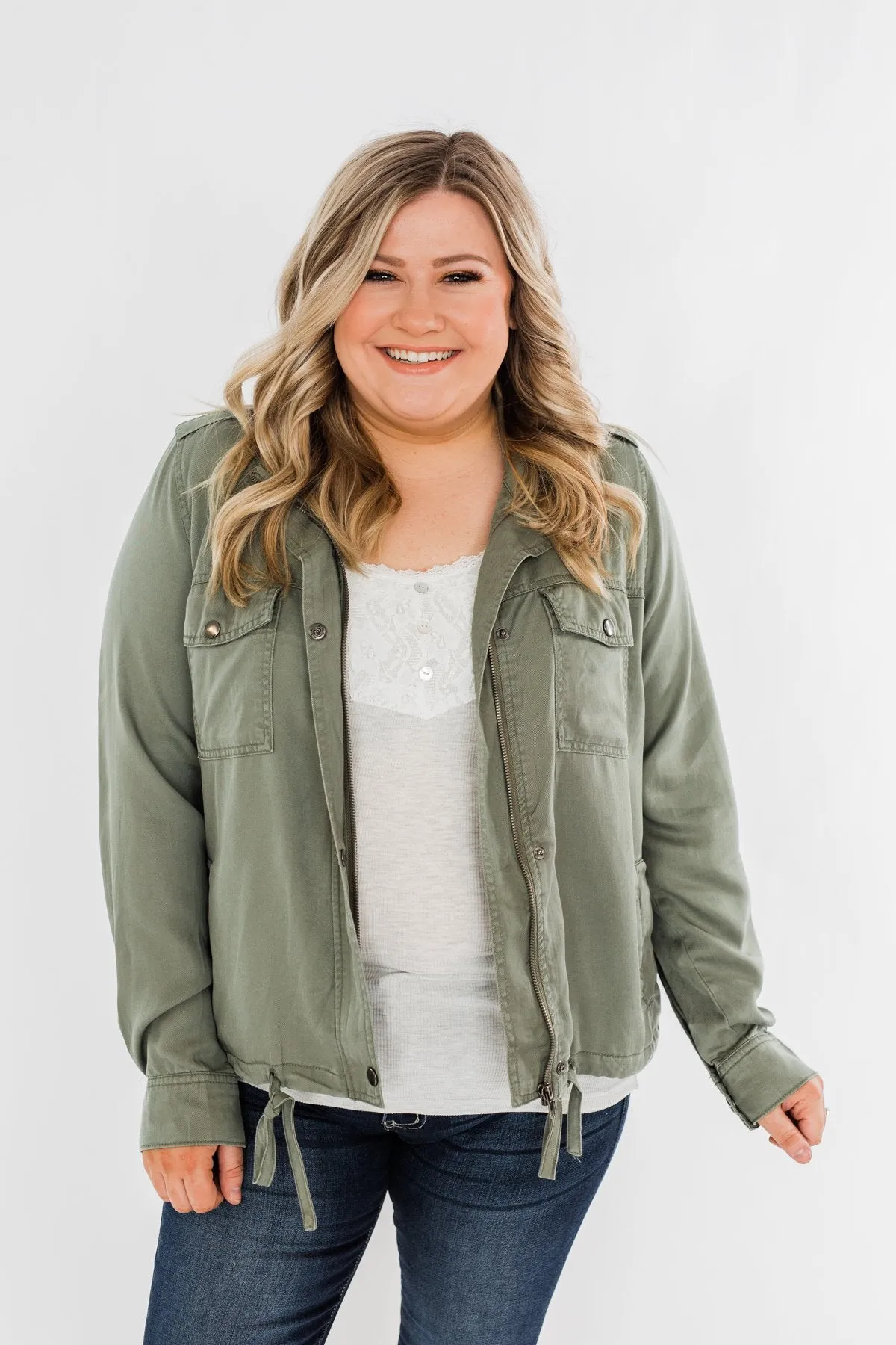Going Places Lightweight Drawstring Jacket- Olive