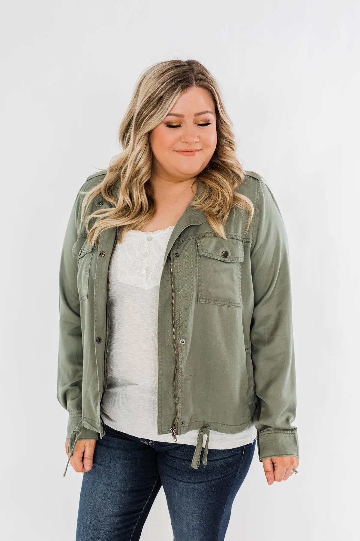 Going Places Lightweight Drawstring Jacket- Olive