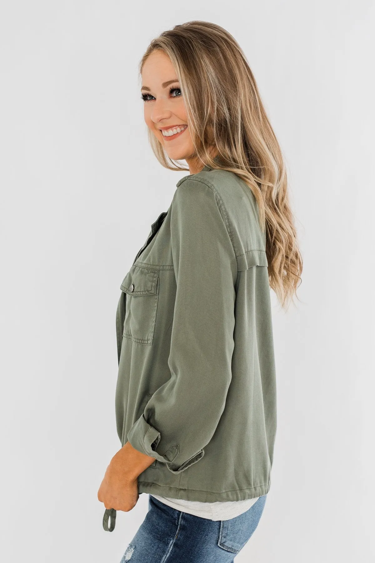 Going Places Lightweight Drawstring Jacket- Olive