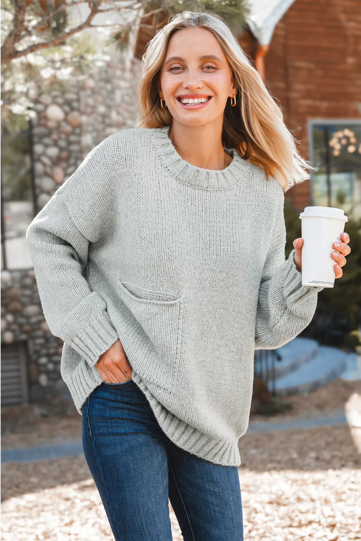 Gray Knitted Sweater with Long Sleeves