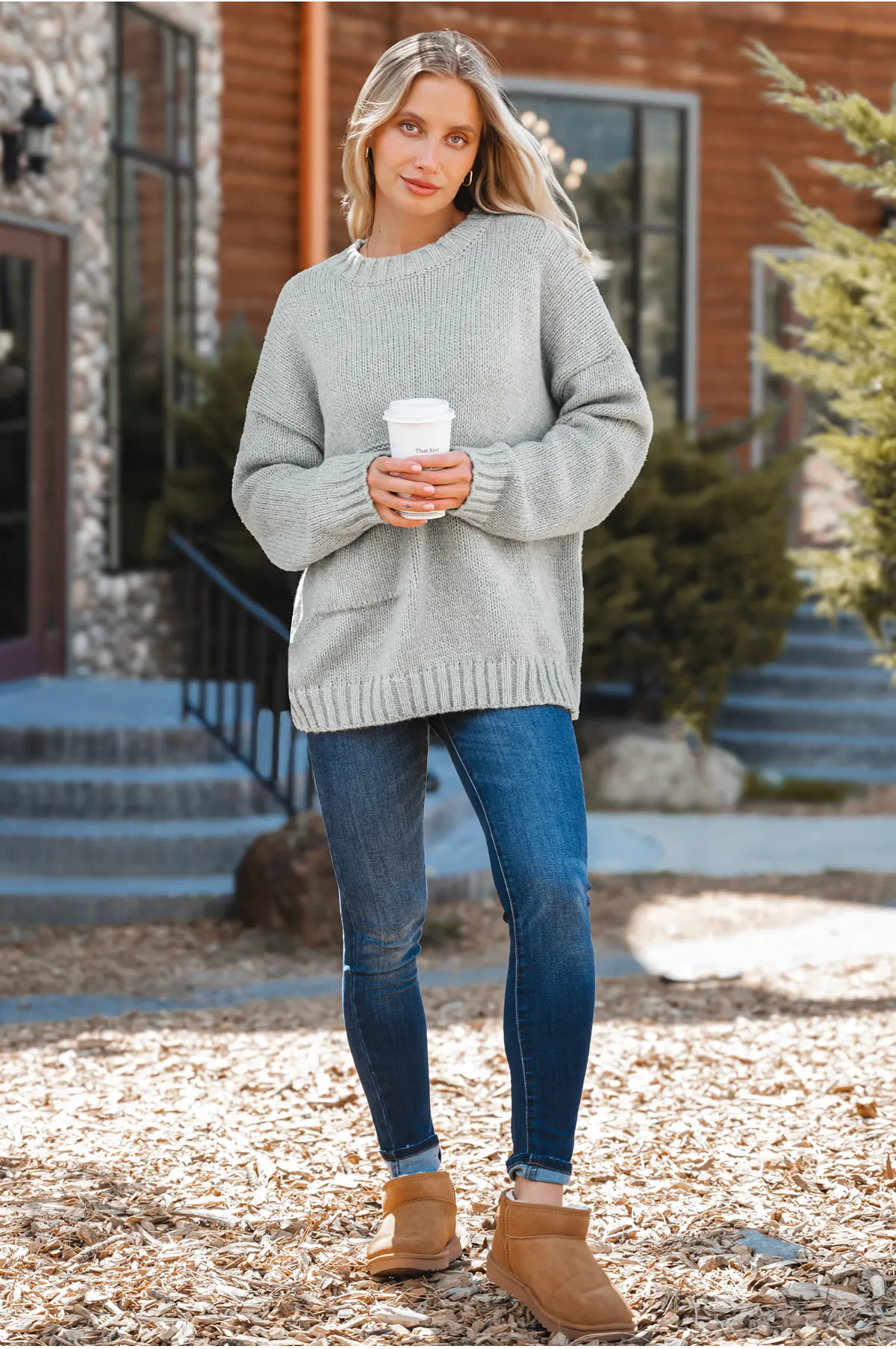 Gray Knitted Sweater with Long Sleeves