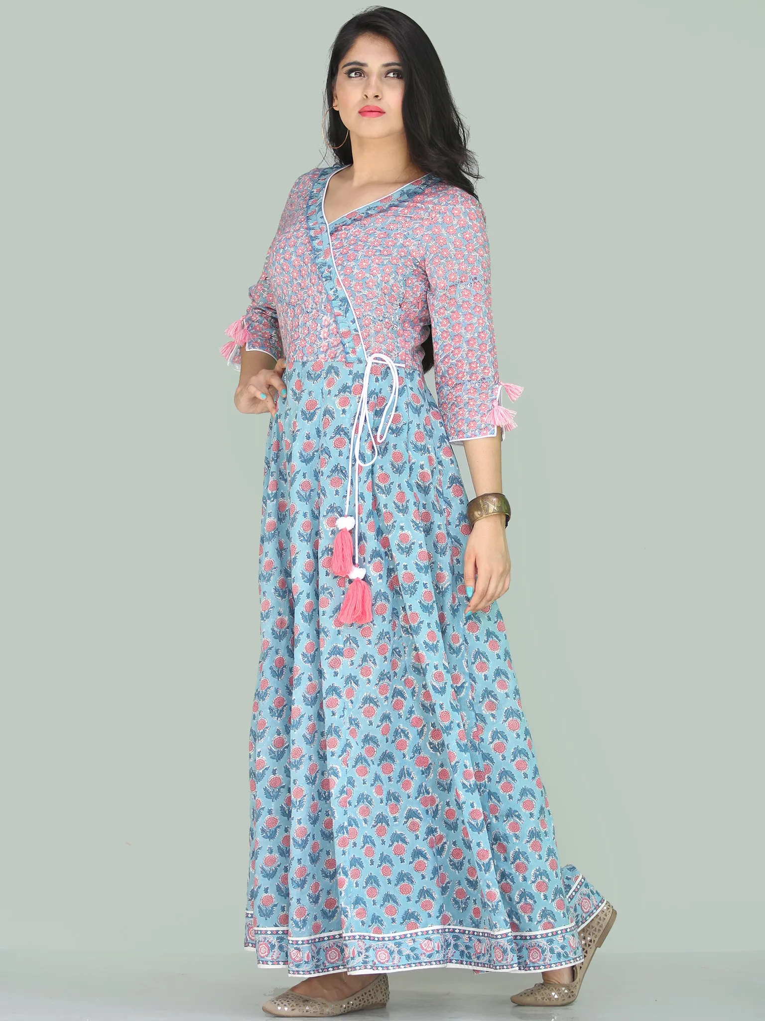 Gulzar Turfa - Hand Block Printed Angrakha Long Dress - D411F2223