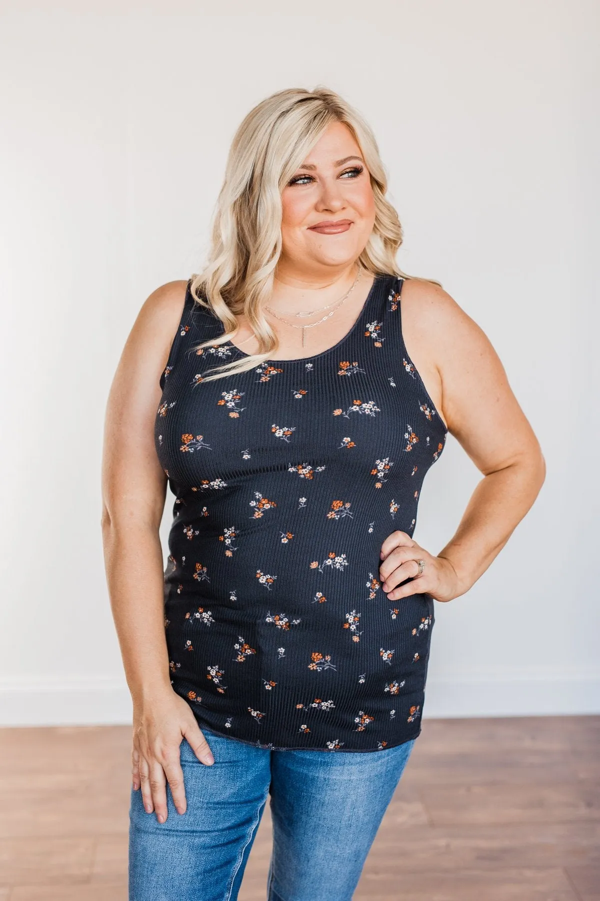 Had Me At Hello Floral Tank Top- Navy