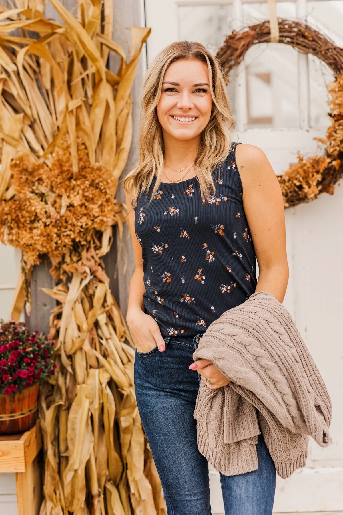 Had Me At Hello Floral Tank Top- Navy